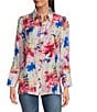 Calessa Petite Size Textured Crinkle Antique Abstract Print Point Collar Long Sleeve Button Front Blouse, Color:Pink Multi - Image 1
