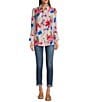 Calessa Petite Size Textured Crinkle Antique Abstract Print Point Collar Long Sleeve Button Front Blouse, Color:Pink Multi - Image 5