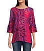 Color:Hot Pink Multi - Image 1 - Petite Size Textured Knit Burnout Tie Dye 3/4 Bell Sleeve Blouse