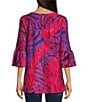Color:Hot Pink Multi - Image 2 - Petite Size Textured Knit Burnout Tie Dye 3/4 Bell Sleeve Blouse