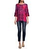 Color:Hot Pink Multi - Image 3 - Petite Size Textured Knit Burnout Tie Dye 3/4 Bell Sleeve Blouse