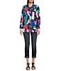 Calessa Petite Size Textured Knit Geometric Multicolor Point Collar Long Sleeve Button Front Tunic, Color:Black Multi - Image 5