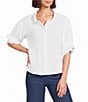 Calessa Petite Size Textured Split Tie Neck Elbow Length Sleeve Button Front Tunic - Image 1