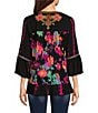 Color:Black Multi - Image 2 - Petite Size Tie-Dye Woven Embroidered Detail Patchwork Print 3/4 Sleeve Tunic