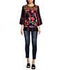 Color:Black Multi - Image 3 - Petite Size Tie-Dye Woven Embroidered Detail Patchwork Print 3/4 Sleeve Tunic