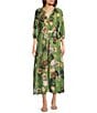 Calessa Petite Size V-Neck 3/4 Sleeved Floral Print Tie-Belt Button-Front Tiered Midi Dress, Color:Olive Multi - Image 1