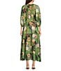 Calessa Petite Size V-Neck 3/4 Sleeved Floral Print Tie-Belt Button-Front Tiered Midi Dress, Color:Olive Multi - Image 2