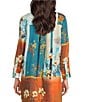 Calessa Petite Size Woven Border Leaves Print Point Collar Roll-Tab Sleeve Button Front Duster Tunic, Color:Turquoise/Multi - Image 2