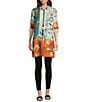Calessa Petite Size Woven Border Leaves Print Point Collar Roll-Tab Sleeve Button Front Duster Tunic, Color:Turquoise/Multi - Image 3