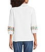 Calessa Petite Size Woven Embroidered Patchwork Stand Split V-Neck 3/4 Sleeve Tunic - Image 2