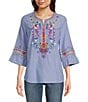Color:Blue Multi - Image 1 - Petite Size Woven Embroidered Split Round Neck 3/4 Ruffle Sleeve Tunic
