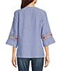 Color:Blue Multi - Image 2 - Petite Size Woven Embroidered Split Round Neck 3/4 Ruffle Sleeve Tunic