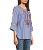Color:Blue Multi - Image 3 - Petite Size Woven Embroidered Split Round Neck 3/4 Ruffle Sleeve Tunic