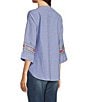 Color:Blue Multi - Image 4 - Petite Size Woven Embroidered Split Round Neck 3/4 Ruffle Sleeve Tunic