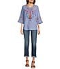 Color:Blue Multi - Image 5 - Petite Size Woven Embroidered Split Round Neck 3/4 Ruffle Sleeve Tunic