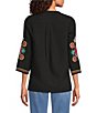 Calessa Petite Size Woven Embroidered Split Round V-Neck 3/4 Sleeve Tunic - Image 2