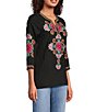 Calessa Petite Size Woven Embroidered Split Round V-Neck 3/4 Sleeve Tunic - Image 3