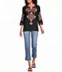 Calessa Petite Size Woven Embroidered Split Round V-Neck 3/4 Sleeve Tunic - Image 5