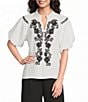 Calessa Petite Size Woven Embroidered Split V-Neck 3/4 Raglan Sleeve Tunic - Image 1