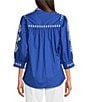 Calessa Petite Size Woven Embroidered Split V-Neck 3/4 Sleeve Button Front Tunic, Color:Cobalt Blue - Image 2