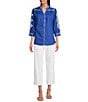 Calessa Petite Size Woven Embroidered Split V-Neck 3/4 Sleeve Button Front Tunic, Color:Cobalt Blue - Image 3