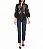 Calessa Petite Size Woven Embroidered Split V-Neck Elbow Length Sleeve Top - Image 3