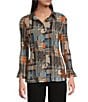 Calessa Petite Size Patchwork Check Print Woven Point Collar Long Sleeve Button-Front Flute Pleated Tunic, Color:Sand Multi - Image 1