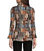 Calessa Petite Size Patchwork Check Print Woven Point Collar Long Sleeve Button-Front Flute Pleated Tunic, Color:Sand Multi - Image 2