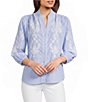 Calessa Petite Size Woven Stripe Split V-Neck 3/4 Balloon Sleeve Embroidered Button Front Tunic - Image 1