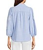 Calessa Petite Size Woven Stripe Split V-Neck 3/4 Balloon Sleeve Embroidered Button Front Tunic - Image 2