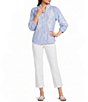 Calessa Petite Size Woven Stripe Split V-Neck 3/4 Balloon Sleeve Embroidered Button Front Tunic - Image 3