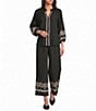 Calessa Petite Size Woven Wide Leg Embroidered Hem Pull-On Pants - Image 3