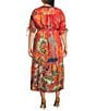 Calessa Plus Size Abstract Antique Embroidered V-Neck 3/4 Sleeve Button Front Midi Dress, Color:Crimson/Multi - Image 2