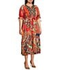 Calessa Plus Size Abstract Antique Embroidered V-Neck 3/4 Sleeve Button Front Midi Dress, Color:Crimson/Multi - Image 3