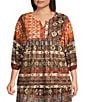 Calessa Plus Size Coordinating Abstract Border Print Split V-Neck 3/4 Sleeve Popover Mesh Tunic, Color:Sand Multi - Image 1