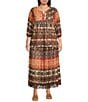 Calessa Plus Size Coordinating Abstract Border Print Split V-Neck 3/4 Sleeve Popover Mesh Tunic, Color:Sand Multi - Image 3