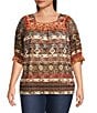 Calessa Plus Size Abstract Border Print Square Neck Elbow Sleeve Mesh Knit Tunic, Color:Sand Multi - Image 1