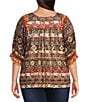Calessa Plus Size Abstract Border Print Square Neck Elbow Sleeve Mesh Knit Tunic, Color:Sand Multi - Image 2