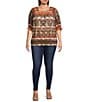 Calessa Plus Size Abstract Border Print Square Neck Elbow Sleeve Mesh Knit Tunic, Color:Sand Multi - Image 3