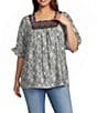 Calessa Plus Size Abstract Embroidered Square Neck Short Sleeve Tunic - Image 1