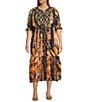 Calessa Plus Size Abstract Mosaic Embroidered Banded V- Neck 3/4 Sleeve Tiered A- Line Midi Dress, Color:Black Multi - Image 1
