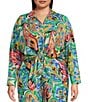 Calessa Plus Size Coordinating Abstract Mosaic Print Point Collar Long Sleeve Tie-Front Blouse, Color:Green Multi - Image 3