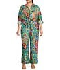 Calessa Plus Size Coordinating Abstract Mosaic Print Point Collar Long Sleeve Tie-Front Blouse, Color:Green Multi - Image 4