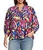 Calessa Plus Size Abstract Patchwork Round Split V-Neck 3/4 Sleeve Button-Front Tunic - Image 1