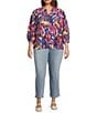 Calessa Plus Size Abstract Patchwork Round Split V-Neck 3/4 Sleeve Button-Front Tunic - Image 3