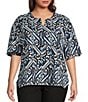 Color:Blue Multi - Image 1 - Plus Size Abstract Print Split V-Neck Elbow Balloon Sleeve Blouse