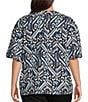 Color:Blue Multi - Image 2 - Plus Size Abstract Print Split V-Neck Elbow Balloon Sleeve Blouse