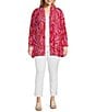 Color:Red/Pink - Image 3 - Plus Size Animal Swirl Print Knit Mesh Shawl Neck Wrist Length Sleeve Cardigan