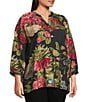 Calessa Plus Size Autumn Garden Banded Split V-Neck 3/4 Sleeve Coordinating Tunic, Color:Black Multi - Image 3