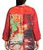 Calessa Plus Size Autumn Patchwork Partial Button-Front Placket Bracelet Sleeve Tunic, Color:Crimson Multi - Image 2